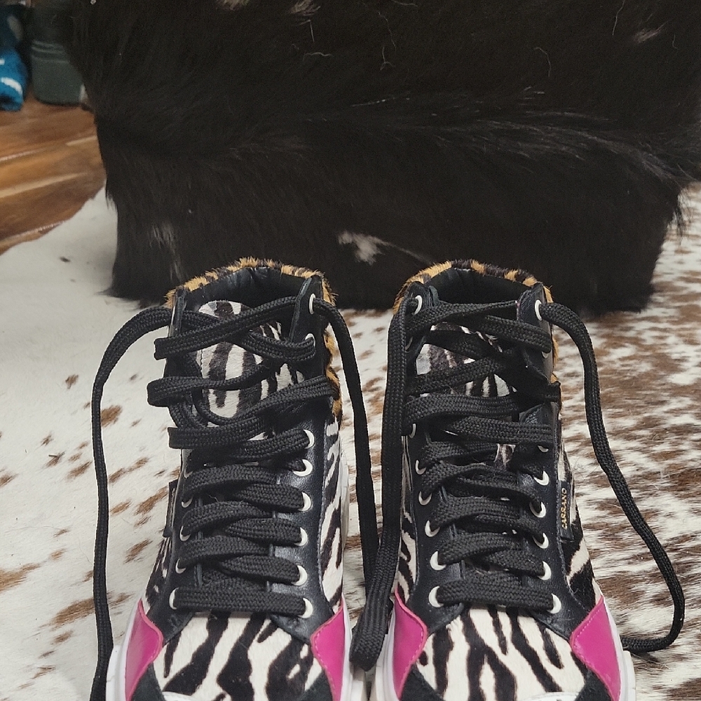 Zebra Print High-Top Sneakers with Pink Accents